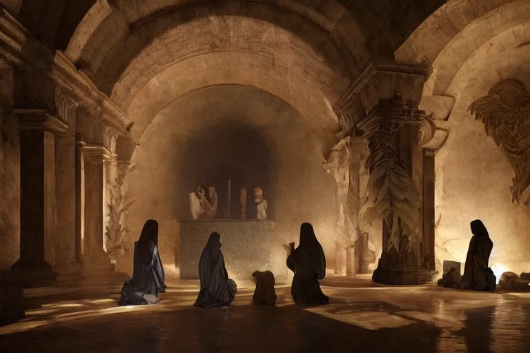 Prompt: inside a tomb, dark scene, light coming in from the left, 3 women in colored robes, 2 angels with feathered wings | medium close | fibonacci composition, by artgerm, greg rutkowski, craig mullins, caravaggio