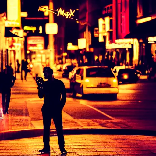 Image similar to silhouette of man smoking cigarette on busy city street, nighttime, neon colors, beautiful photography, 8K