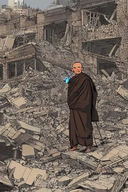 Image similar to A monk standing in the rubble of a destroyed smoking building, Highly detailed labeled, poster, aesthetic, haeccety by Feng Zhu and Loish and Laurie Greasley