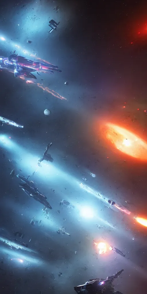 Prompt: space battleship lead the fleet, space ambiente, undiscovered space, stars, nebulae background, unreal engine 5, ray tracing, octane render, cinematic, concept art, dreamy, render by octane and blender, hyper realistic, cinematic lighting, unreal engin 5, by dominic mayer, 8 k, vray render, artstation, deviantart