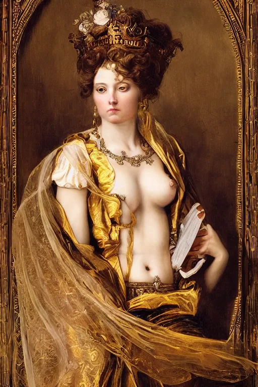 Prompt: hyper realistic painting portrait of the queen of saturn, occult diagram, elaborate details, rococo, baroque, gothic, intrincate ornaments, gold decoration, caligraphy, occult art, illuminated manuscript, oil painting, art noveau, in the style of roberto ferri, gustav moreau, waterhouse and bussiere