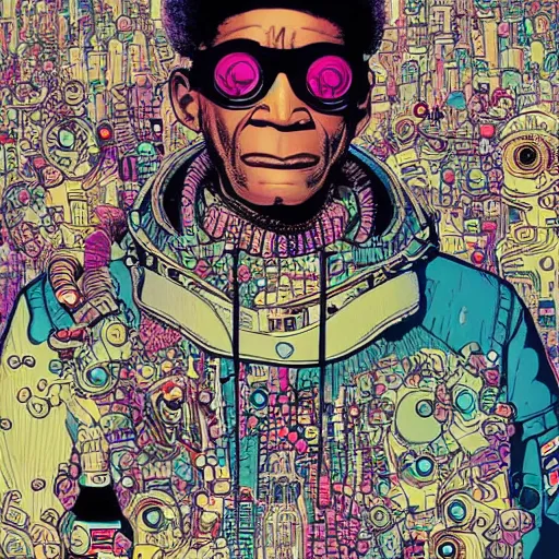 Prompt: hyper detailed comic illustration of a cyberpunk bill cosby wearing a futuristic sunglasses and a gorpcore jacket, mixing drinks, by Josan Gonzalez and Geof Darrow, intricate details, vibrant, solid background, low angle fish eye lens