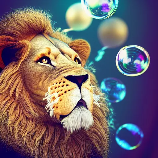 Prompt: lion with soap bubble creative design, professional portrait photography, candid photography, unreal engine 5, highly detailed, accurate, character concept