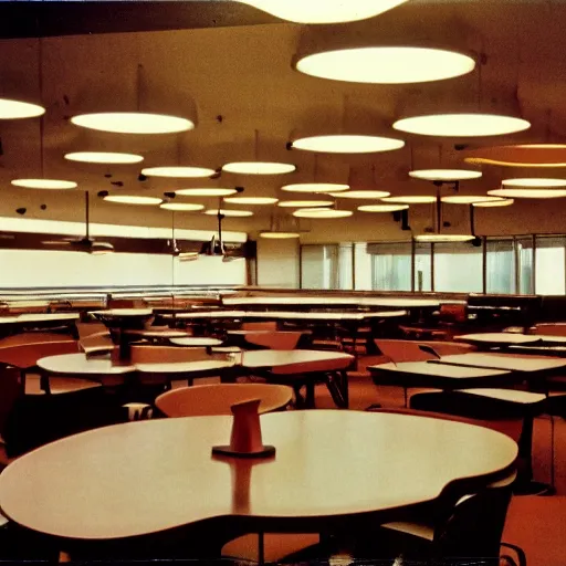 Prompt: interior shot of a cafeteria, dim lights, kodachrome