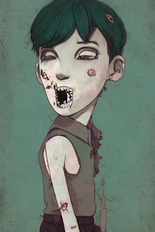 Image similar to urban school zombie boy in tattered clothes fanart, dark green short hair, muted colors, matte print, pastel colors, ornate, digital art, cute smile, digital painting, fan art, elegant, pixiv, by Ilya Kuvshinov, by Studio Ghibli