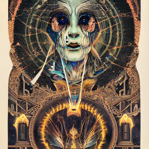 Prompt: a highly detailed occult painting of a witch pointing up, cenobyte, hexglow, contracept, wildcards, denizens, matte painting, glowing eyes, felipe pantone, pascal blanche, pascal blanche, mohrbacher, blanche, and across the face portrait, an expansive view of the sun, intricate details, epic, dramatic, cinematic lighting, hyperrealistic, skeletal, elaborate, furniture, dreamy, machine, robot, cardboard, dark, inception, cinematic lighting, surrealism style, magical, Occult, alchemy, Rene Magritte, Raphael Hopper, muted colors, soft tones, pastel colors, ornate, in the dnd art style on album cover, unreal