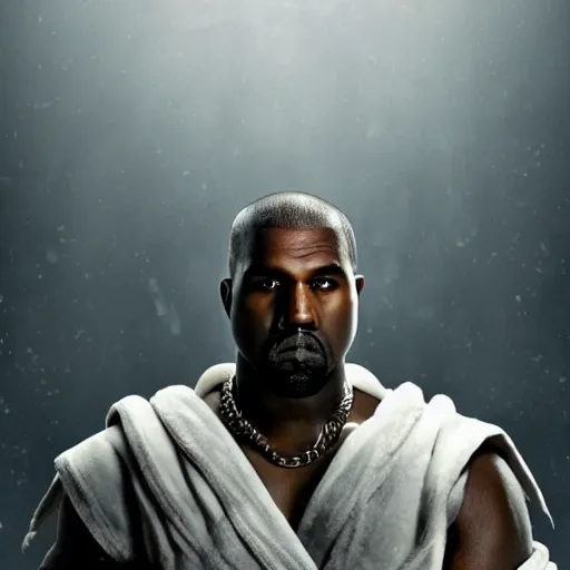 Image similar to kanye west as zeus!!!, god of thunder, greek god, white robe, thunderbolt, in mortal kombat, gears of war, mythology, fantasy, detailed face, splash art, movie still, cinematic lighting, dramatic, octane render, long lens, shallow depth of field, bokeh, anamorphic lens flare, 8 k, hyper detailed, 3 5 mm film grain