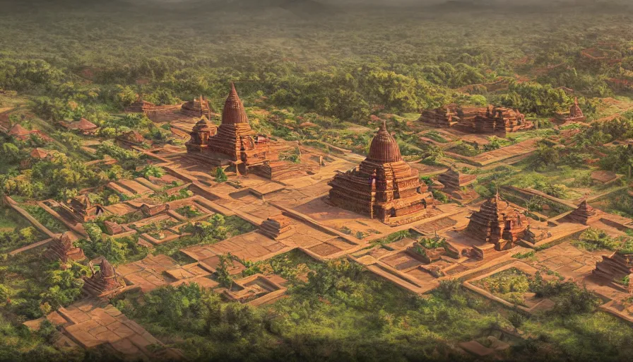 Image similar to matte painting of a beautiful mon - dvaravati village and buddhist temple, inspired by indian arts - amaravati, gupta, after gupta, and pala, digital art, trending on artstation