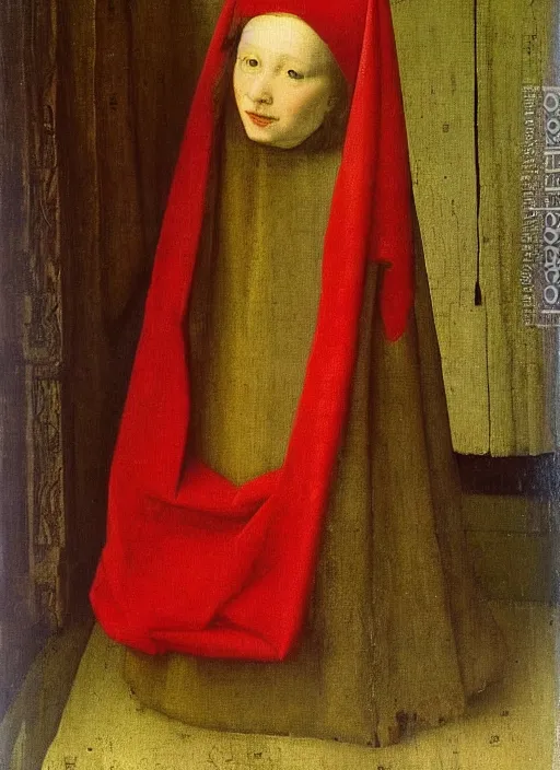 Image similar to red cloth, medieval painting by jan van eyck, johannes vermeer