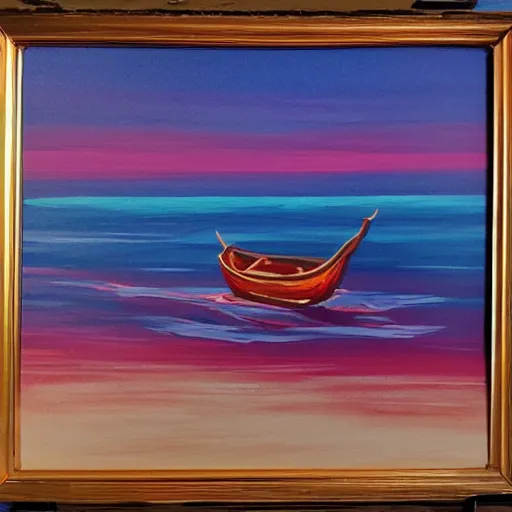 Image similar to a sea landscape with a boat in sunset acrylic paint