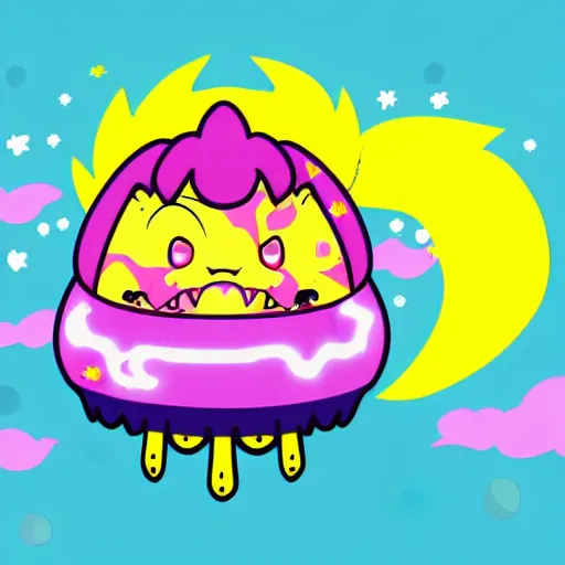 Image similar to kawaii wacky fluffy popcorn with lightning bolt power, yokai, in the style of a mamashiba, with a yellow beak, with a toroidal energy field, with a smiling face and flames for hair, sitting on a lotus flower, white background, simple, clean composition, symmetrical, suitable for use as a logo