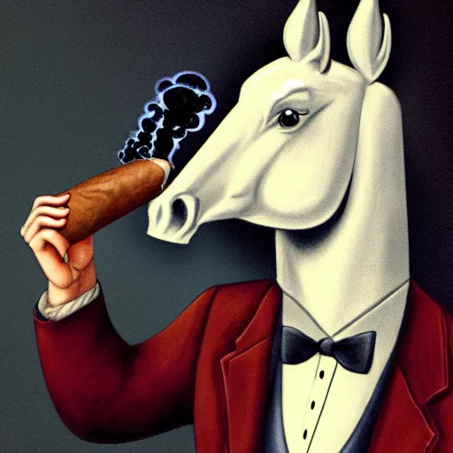 Image similar to an antropomorphic horse wearing a suit smoking a cigar