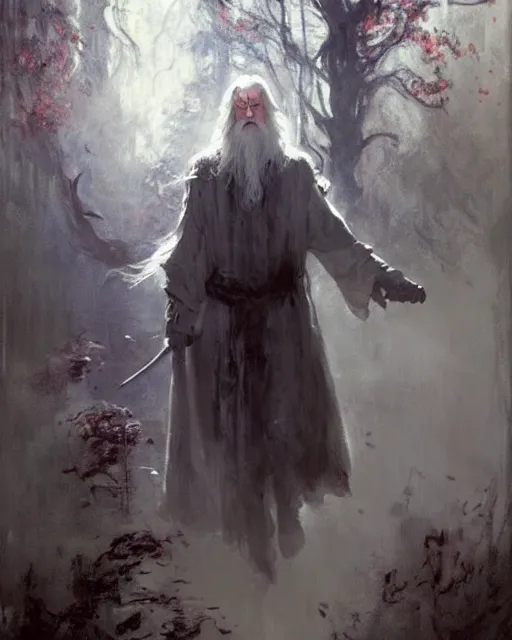 Prompt: gandalf, elegant, ethereal horror fantasy art by jeremy mann and magali villeneuve and claude monet