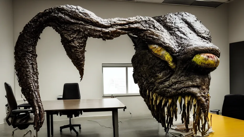 Prompt: the strange giant creature head in the office, made of oil and water, film still from the movie directed by Denis Villeneuve with art direction by Salvador Dalí