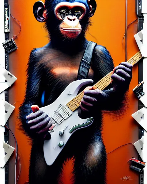 Image similar to a portrait of an anthropomorphic cyberpunk chimp shredding an electric guitar by sandra chevrier, by jon foster, detailed render, tape deck, epic composition, cybernetics, 4 k realistic, cryengine, realistic shaded lighting, sharp focus, masterpiece, by enki bilal