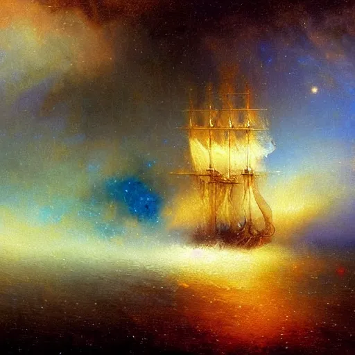 Image similar to sailing ship, cosmic nebula!!!!!!!!!!!!!, artstation, by andrea rocha, by ivan aivazovsky, by john harris, impressionism, watercolor, dramatic scenery, hdr