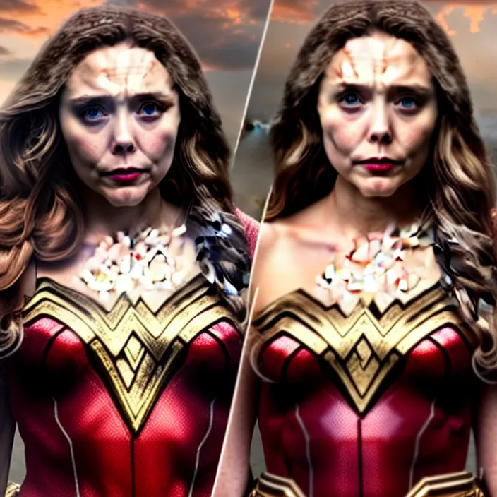 Image similar to professional full length photograph of elizabeth olsen as wonder woman. Extremely detailed. 8k