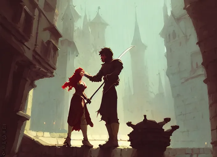 Image similar to a brunette man offers his sword to a red - haired woman, medieval times by atey ghailan, by greg rutkowski, by greg tocchini, by james gilleard, by joe fenton, by kaethe butcher, dynamic lighting, gradient light blue, brown, blonde cream and white color scheme, grunge aesthetic