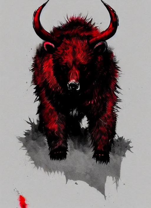 Image similar to A horned bear spirit with red fur. In style of Yoji Shinkawa and Hyung-tae Kim, trending on ArtStation, dark fantasy, great composition, concept art, highly detailed.