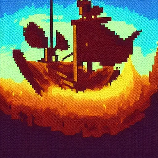 Image similar to burning pirate ship pixel art