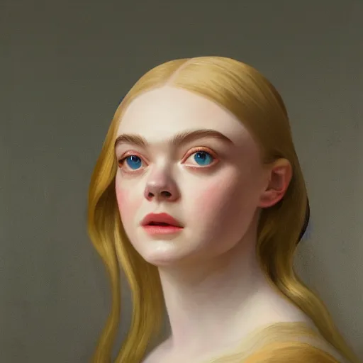 Prompt: professional painting of Elle Fanning in the style of George Stubbs, head and shoulders portrait, symmetrical facial features, smooth, sharp focus, illustration, intricate, stormy weather, extremely detailed masterpiece,