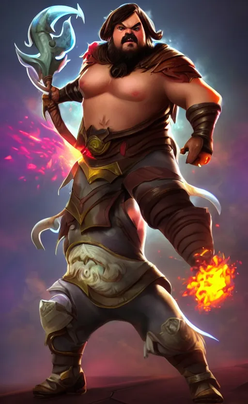 Image similar to Jack Black as a character in the game League of Legends, with a background based on the game League of Legends, detailed face, old 3d graphics