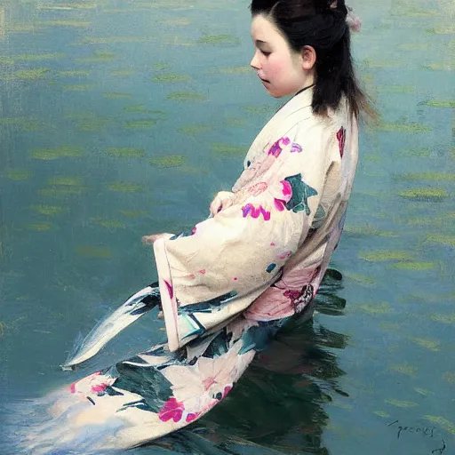 Image similar to girl in kimono, koi fish flying around her, jeremy lipking, joseph todorovitch