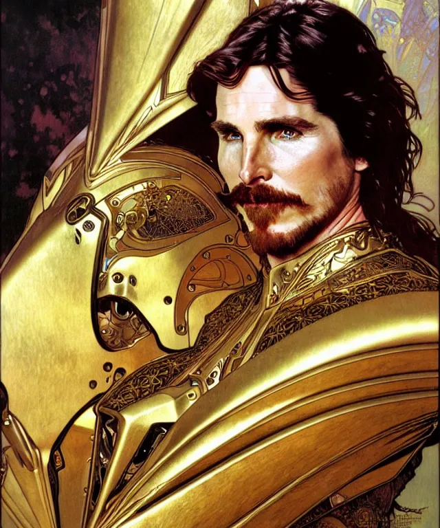 Prompt: realistic detailed face portrait of christian bale in a golden knight's armor by alphonse mucha, ayami kojima, amano, greg hildebrandt, and mark brooks, male, art nouveau, neo - gothic, gothic