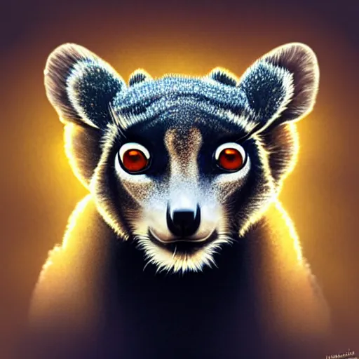 Image similar to geometric symmetrical synthetic lemur, moon in the background, intricate, elegant, highly detailed, digital painting, artstation, concept art, smooth, sharp focus, illustration, art by artgerm