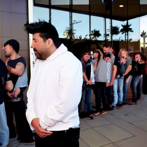 Prompt: Chino Moreno stands in line at McDonalds