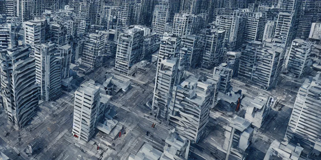 Image similar to drone view of a city with a large road through, Brutalist architecture,sharp focus,telephoto lens,digital art by Maciej Kuciara 4k