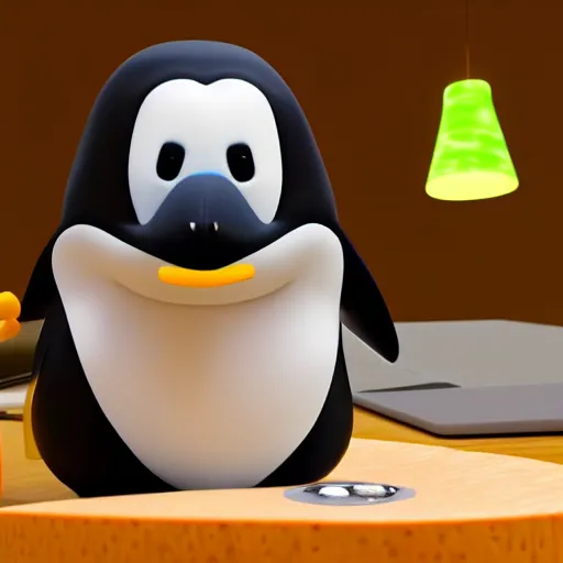 Prompt: pingu sitting behind a computer, 3 d render,, art, epic lighting, clay, claymation