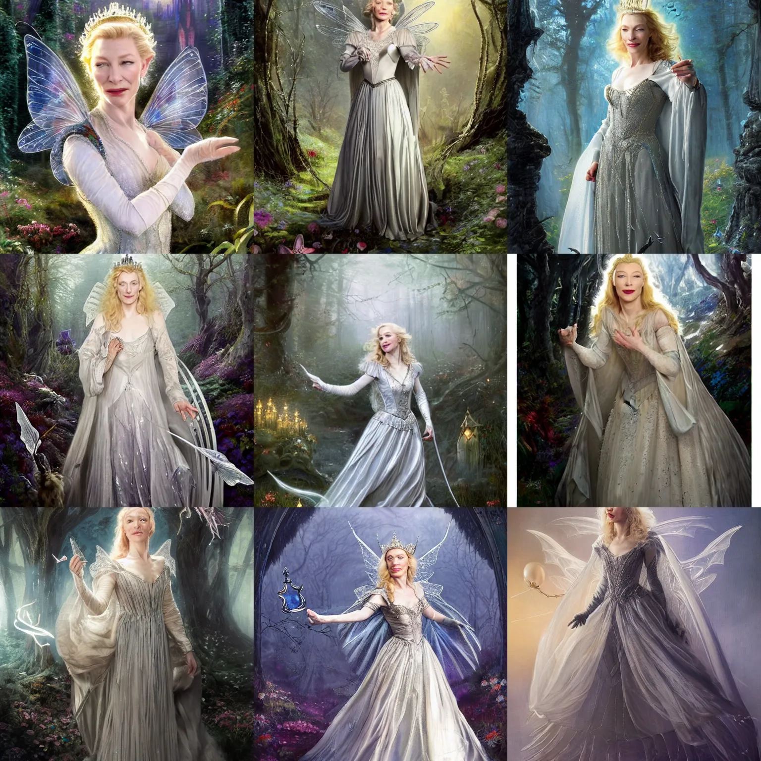 Prompt: portrait of mischievous, playful Cate Blanchett's Galadriel as a queen of fairies, dressed in a beautiful silver dress. The background is a dark, creepy eastern europen forrest. night, horroristic shadows, high contrasts, lumnious, theatrical, character concept art by ruan jia, thomas kinkade, and J.Dickenson, trending on Artstation