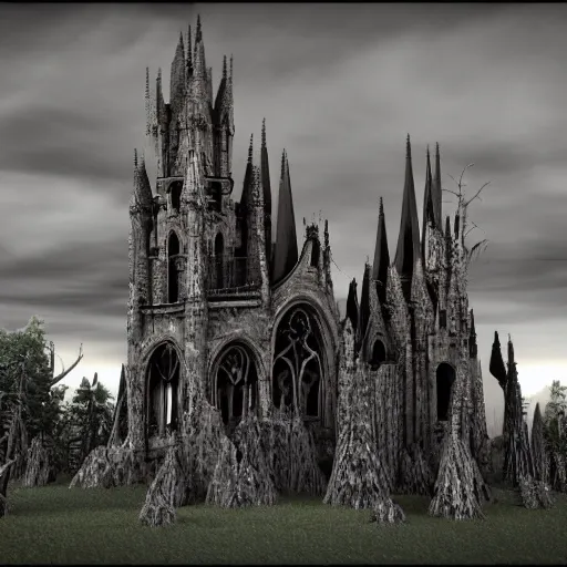 Image similar to dark gothic palace, gothic palace made, GOTHIC PALACE! of rock with tall spires, bristlecone pine trees, ultrawide cinematic 3d render, dark dramatic skies, atmospheric, vultures