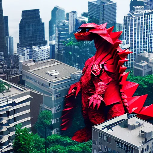 Image similar to origami giant godzilla, tearing through a city, birds eye view