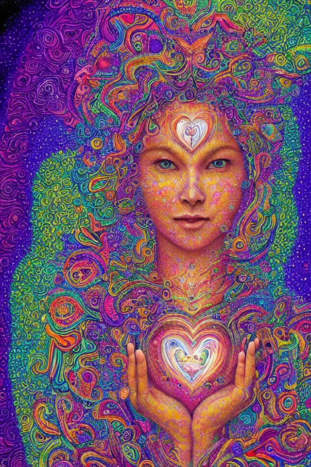 Image similar to a happy beautiful wise spirit goddess in the shape of a heart, meditation, 3 2 k resolution, good vibes, perfect lighting, billions of details, made out of small cubes of love, pointillism, fabric embroidery, stunning psychedelic artwork, android jones, chris dyer, alex grey, trending on artstation, award winner