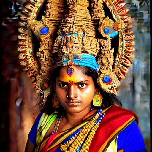 Image similar to a woman wearing an armor and headdress. the armor and headdress is made out of the colors, textures and sculptures of the meenakshi temple in madurai. intricate. detailed.