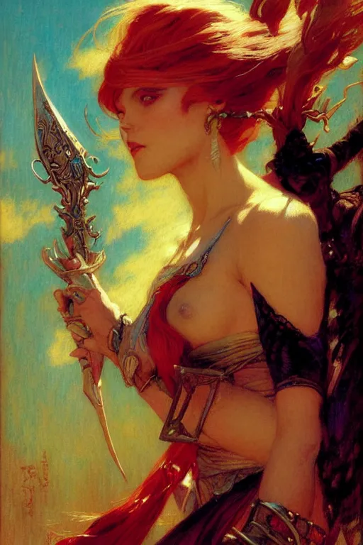 Prompt: attractive female assassins of the light, mystic monster, character design, tales of earthsea, sky witch, colorful, painting by gaston bussiere, craig mullins, j. c. leyendecker, tom of finland