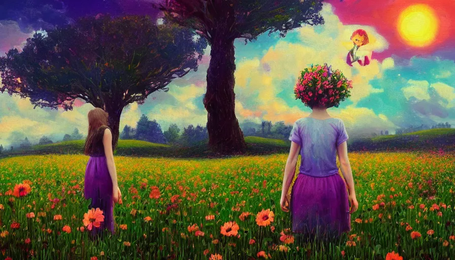 Image similar to girl with a giant flower face, surreal photography, dream, standing in flower field, hills, big trees, sunrise dramatic light, impressionist painting, colorful clouds, digital painting, pointillism, artstation, simon stalenhag, flower face