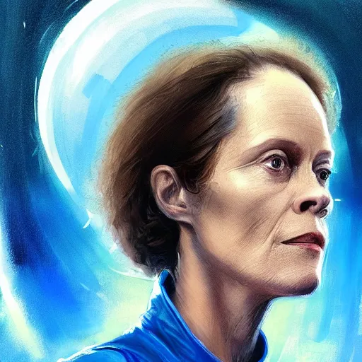 Image similar to portrait of a woman by greg rutkowski, sigourney weaver as an space cargo pilot, she is about 6 0 years old, wearing a cobalt blue utilitarian jumpsuit, highly detailed portrait, digital painting, artstation, concept art, smooth, sharp foccus ilustration, artstation hq