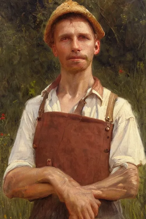 Prompt: Solomon Joseph Solomon and Richard Schmid and Jeremy Lipking victorian genre painting full length portrait painting of a young peasant farmer working in the field, red background