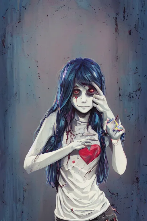 Prompt: urban school zombie girl in tattered clothes with a human heart in her hand fanart, dark blue long hair, muted colors, matte print, pastel colors, ornate, digital art, cute smile, digital painting, fan art, elegant, pixiv, by Ilya Kuvshinov, by Studio Ghibli