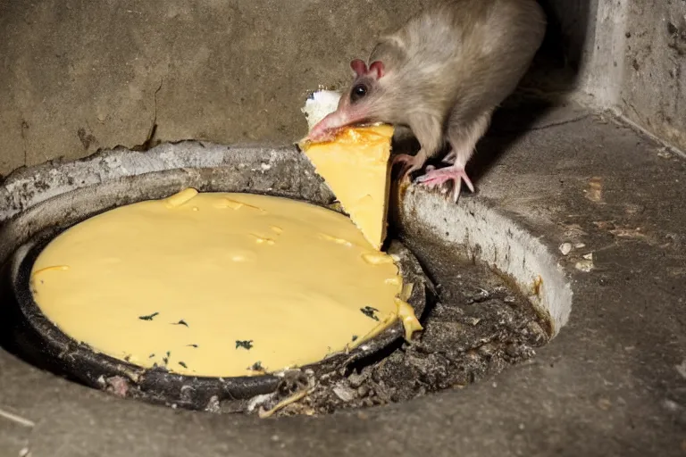 Image similar to a mutant disgusting rat eating cheese in a sewer, photograph, terror, horror, mutant,