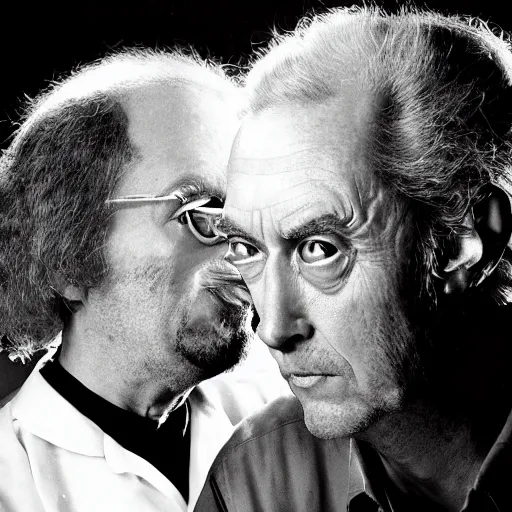 Prompt: A close-up, black & white studio photographic portrait of rick and morty, dramatic backlighting, 1973 photo from Life Magazine