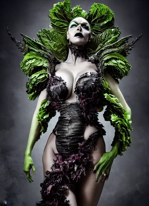 Image similar to expressive full body photo of demoness, dress made of cabbages, glamour shot, by karol bak, stefan gesell, photorealistic, nikon d 4 x, fashion photography, hyper maximalist, elegant, ornate, luxury, elite, environmental portrait, symmetrical features, octane render, unreal engine, solid dark grey background, dramatic lights