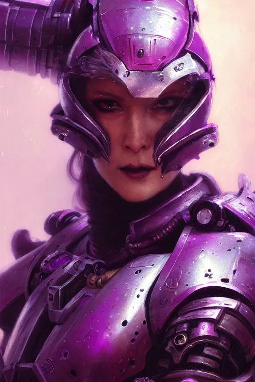 Image similar to extreme close up, facial portrait, woman with a long black ponytail in purple sci - fi armor, kitsune inspired armor, mechanical armor, warhammer 4 0 k, doom, cybernetic hands, stoic, grim dark, moody, portrait dnd, painting by gaston bussiere, craig mullins, greg rutkowski, yoji shinkawa