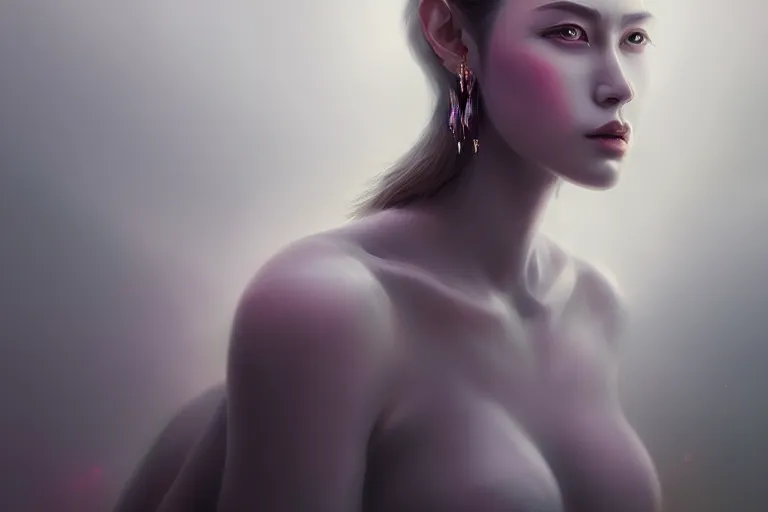 Image similar to surreal fullbody Portrait of goddes of war in dmt chromatic misty enviroment, elegant, highly detailed, smooth, sharp focus, illustration, beautiful, geometric, dmt trending on artstation, cinematic, artwork by WLOP