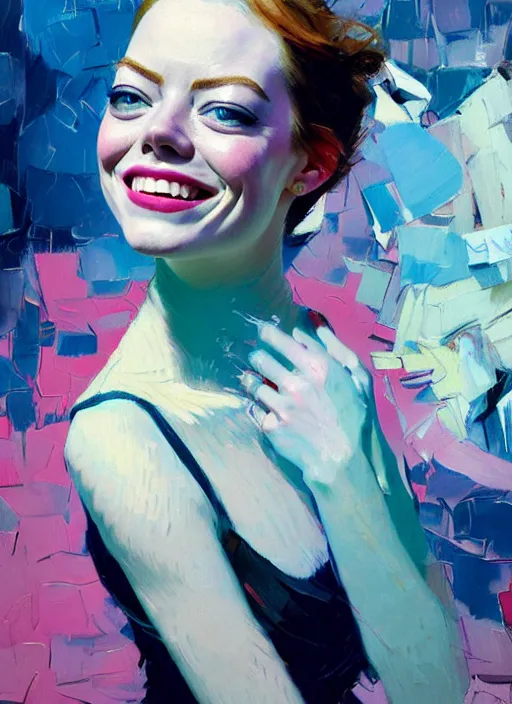 Image similar to portrait of a emma stone, smiling, ecstatic, dancing, eyes closed, open mouth, shades of pink and blue, beautiful face, rule of thirds, intricate outfit, spotlight, by greg rutkowski, by jeremy mann, by francoise nielly, by van gogh, digital painting