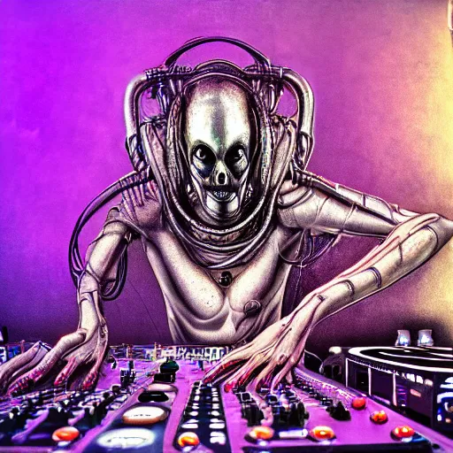 Image similar to an alien djing in a hardcore rave in the style of Giger. 35mm photo realistic