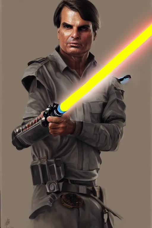 Image similar to breathtaking detailed concept art painting of jair messias bolsonaro holding a lightsaber, by hsiao - ron cheng, exquisite detail, extremely moody lighting, 8 k